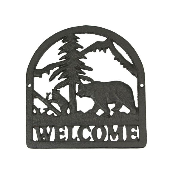 Rustic Brown Cast Iron Bear & Cub Welcome Sign Wall Hanging Plaque Home Décor - Picture 1 of 3